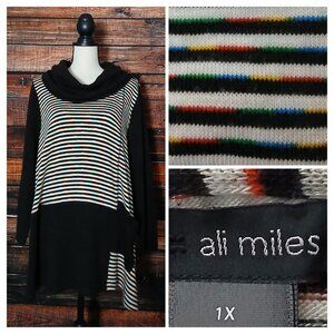 Ali Miles Tunic Sweater 1X Cowl Neck Black Rainbow Striped